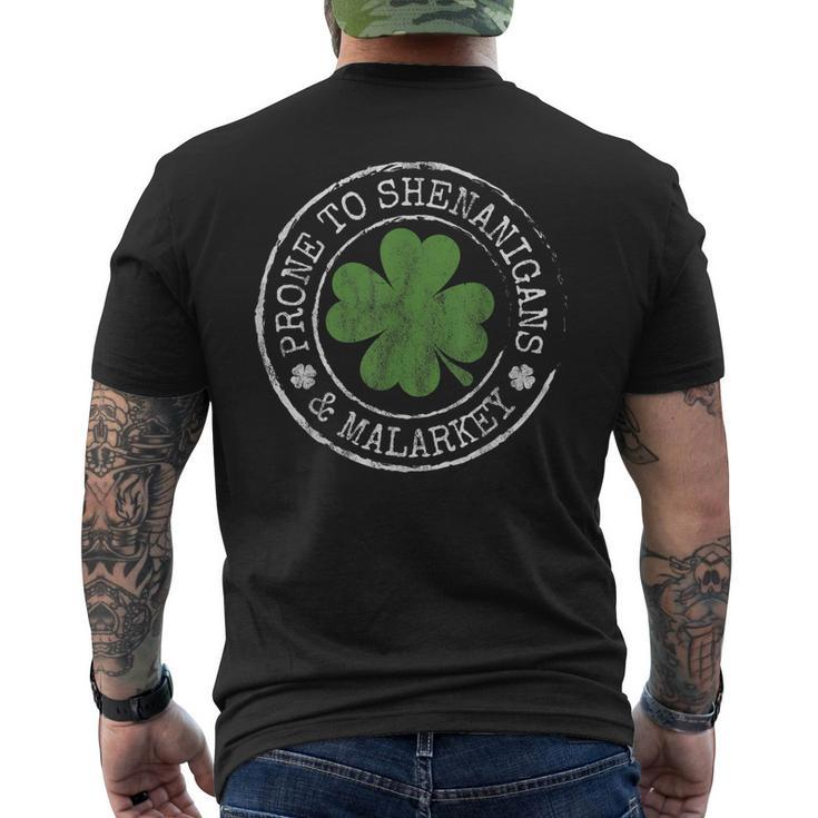 Prone To Shenanigans & Malarkey Fun Clovers St Patricks Day Men's Back Print T-shirt