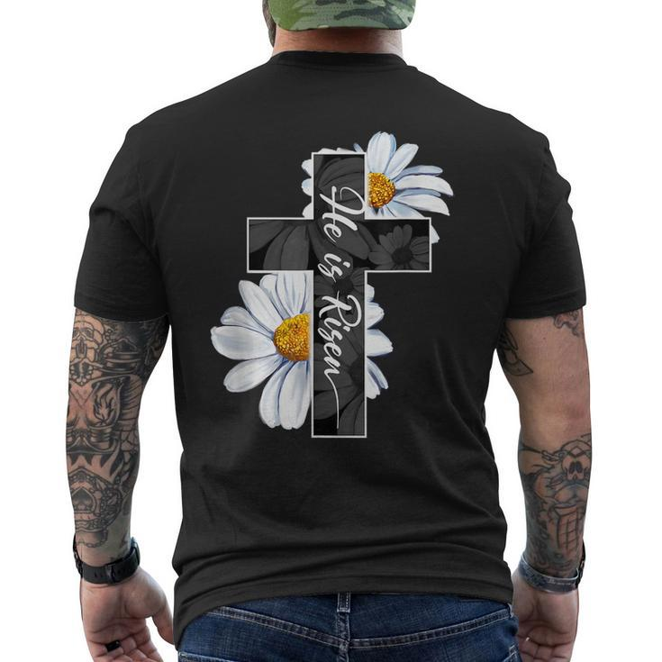 He Is Risen Flower Jesus Cross Religious Happy Easter Day Men's Back Print T-shirt