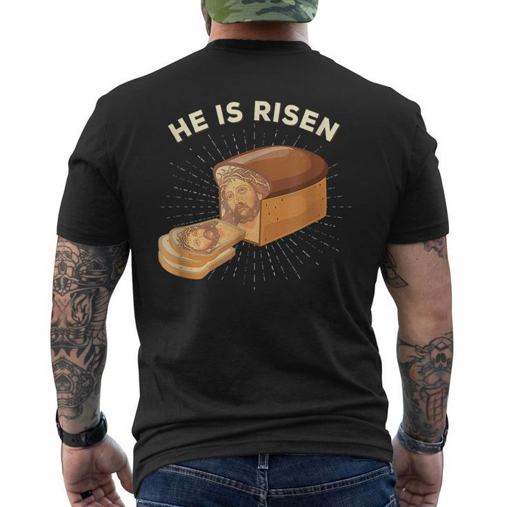He Is Risen Jesus Christ Easter Pun Christian Bread Baker Men's Back Print T-shirt