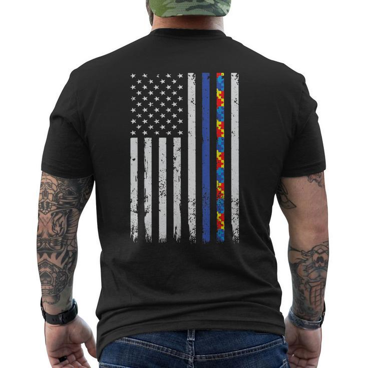 Thin Blue Line Police Support Autism 4Th July Mom Dad Flag Mens Back Print T-shirt
