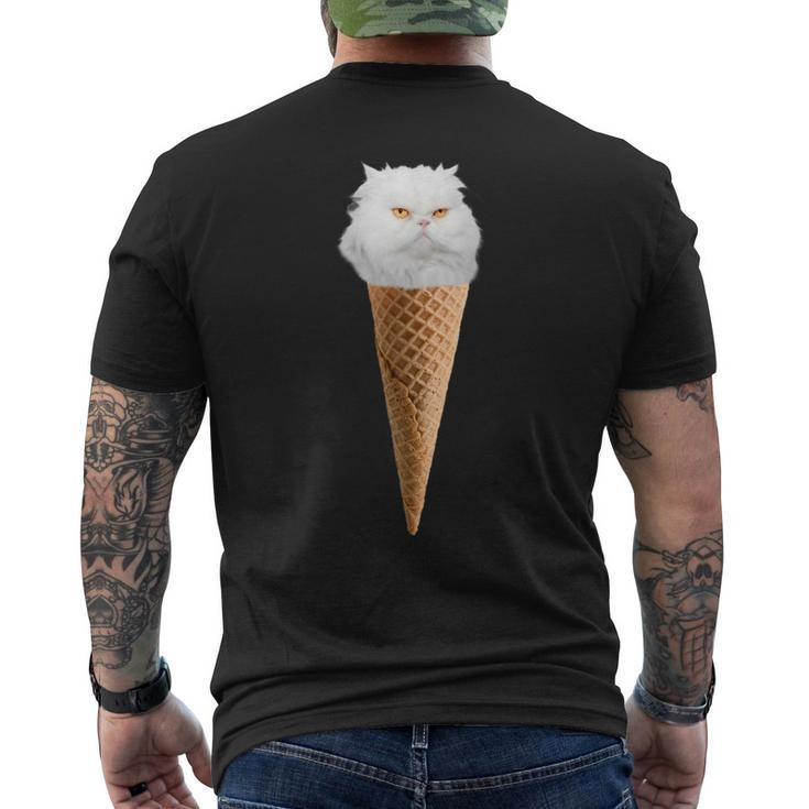 White Fluffy Cat Sitting In The Ice Cream Cone Men's Back Print T-shirt