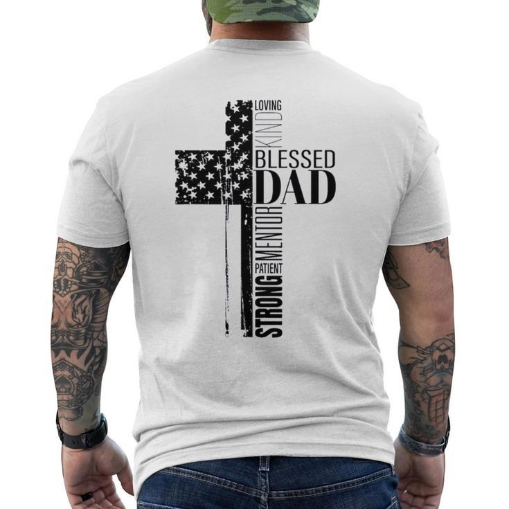 Cool Christian Blessed Dad Cross American Flag Fathers Day Men's Crewneck Short Sleeve Back Print T-shirt