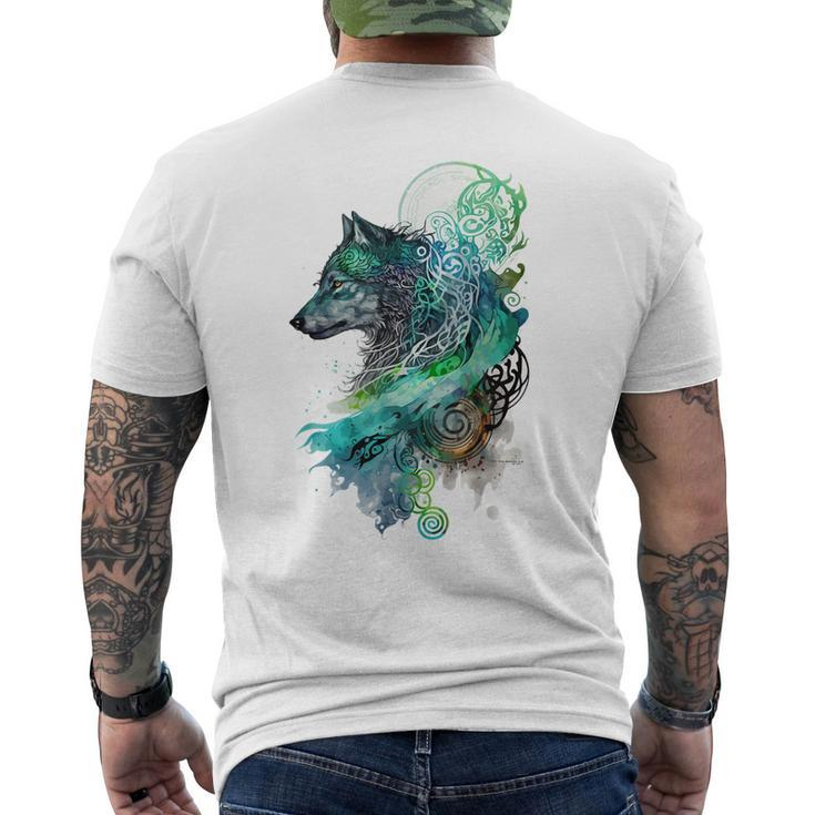 Fenrir Wolf Watercolor Viking Nordic Celtic Mythology Themed Men's T-shirt Back Print