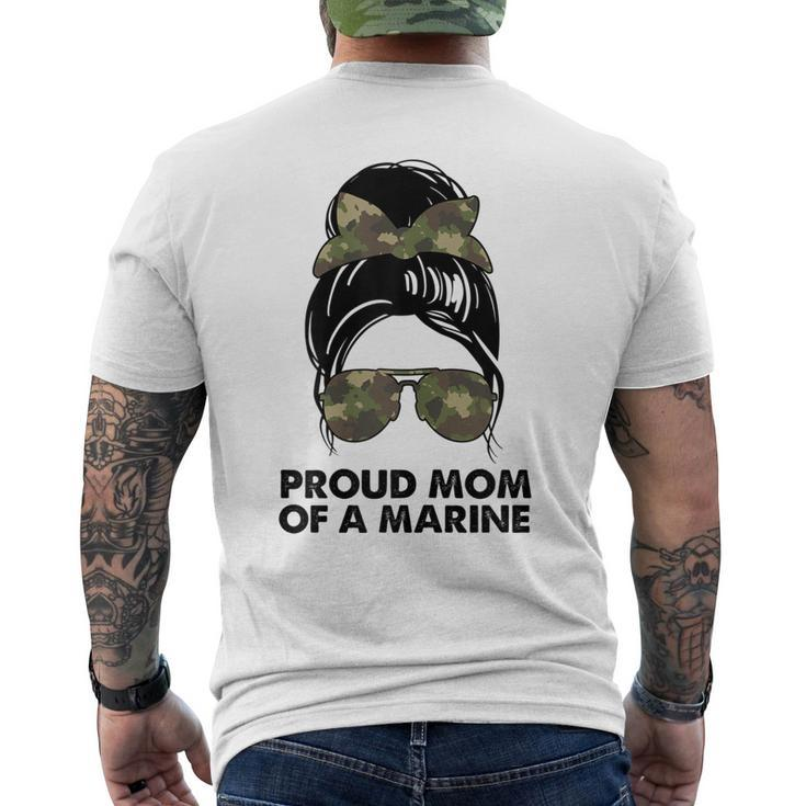 Proud Mom Of A Marine Messy Bun Camouflage Military Women Gift For Womens Mens Back Print T-shirt