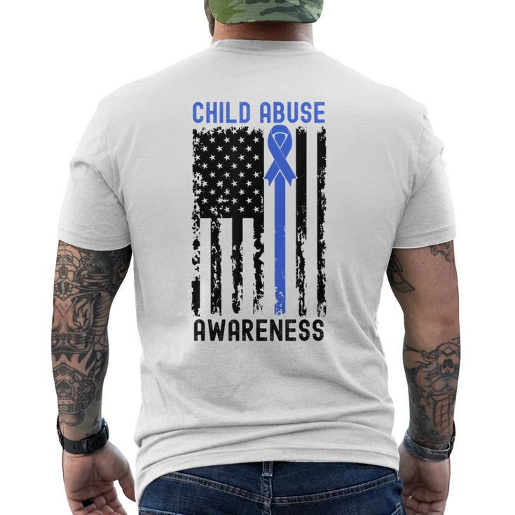 Stop Child Abuse Awareness Blue Ribbon American Flag Men's Back Print T-shirt