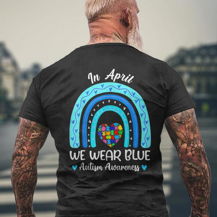 In April We Wear Blue Autism Awareness Month Puzzle Rainbow Men's Back Print T-shirt Gifts for Old Men