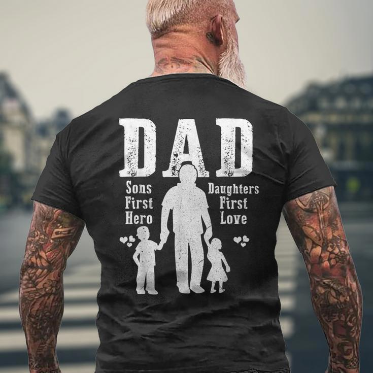 Dad A Sons First Hero A Daughters First Love Daddy Papa Pops Mens Back Print T-shirt Gifts for Old Men