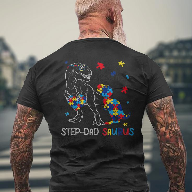 Step Dad Saurus Autism Awareness Day Autistic Dinosaur Mens Back Print T-shirt Gifts for Old Men