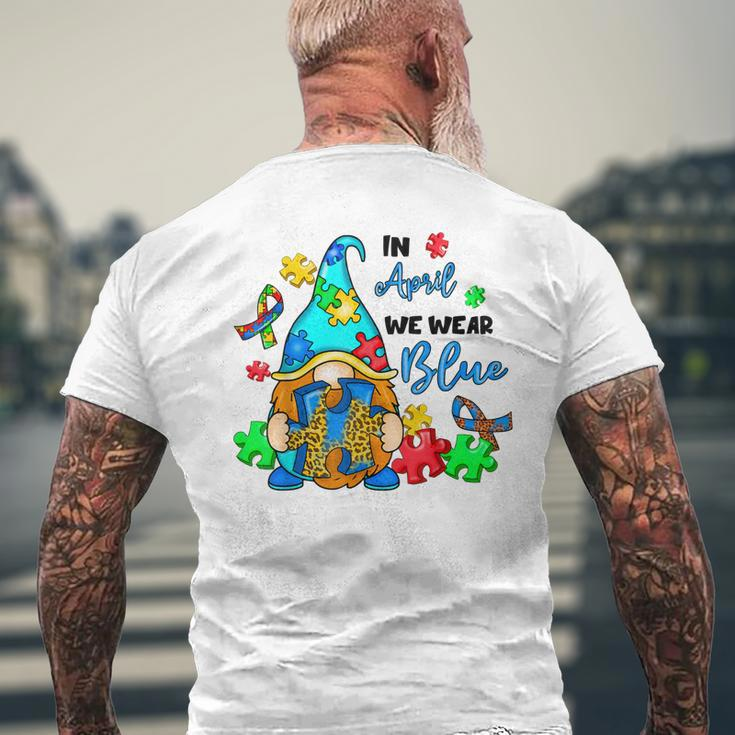 In April We Wear Blue Gnome Autism Awareness Month Men's Back Print T-shirt Gifts for Old Men