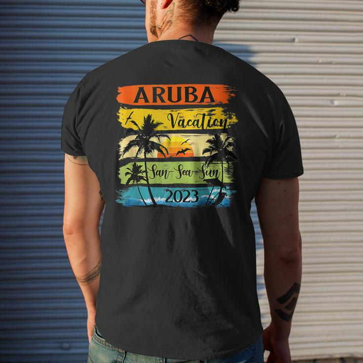 Retro Aruba Family Vacation 2023 Sunset Beach Summer Trip Mens Back Print T-shirt Gifts for Him