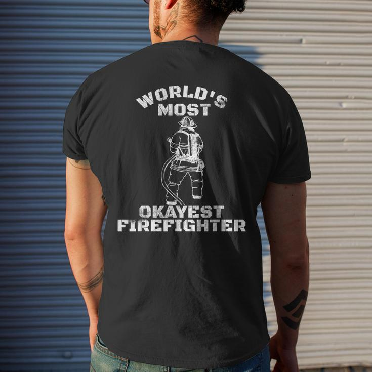 Worlds Most Okayest Firefighter Fireman Men's T-shirt Back Print Gifts for Him