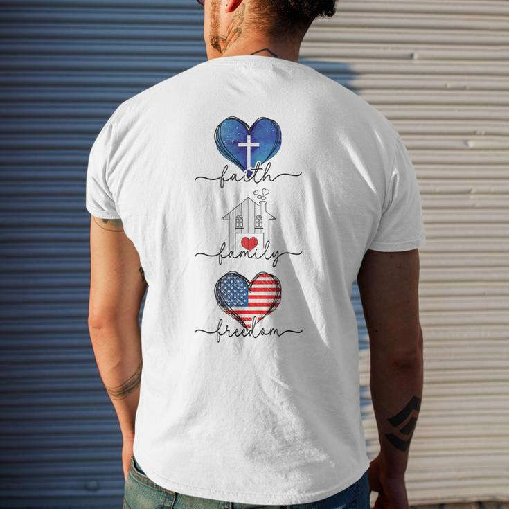Faith Family Freedom Hearts - 4Th Of July Patriotic Flag Mens Back Print T-shirt Gifts for Him