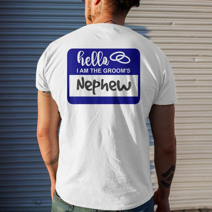 Hello I Am The Grooms Nephew Wedding Name Badge Mens Back Print T-shirt Gifts for Him