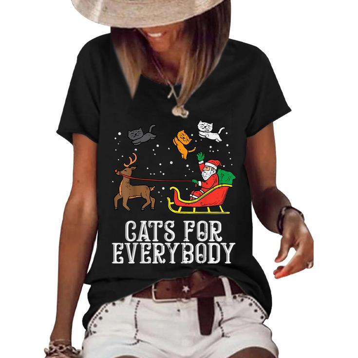 Cats For Everybody Christmas Cat Funny Xmas Women Santa  Women's Short Sleeve Loose T-shirt