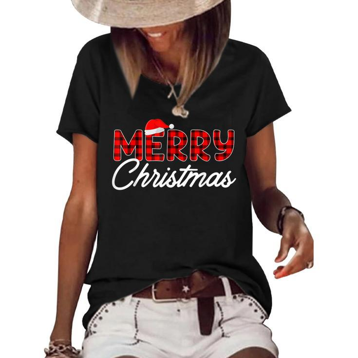Merry Christmas Buffalo Plaid Red Santa Hat Xmas Pajamas  V2 Women's Short Sleeve Loose T-shirt
