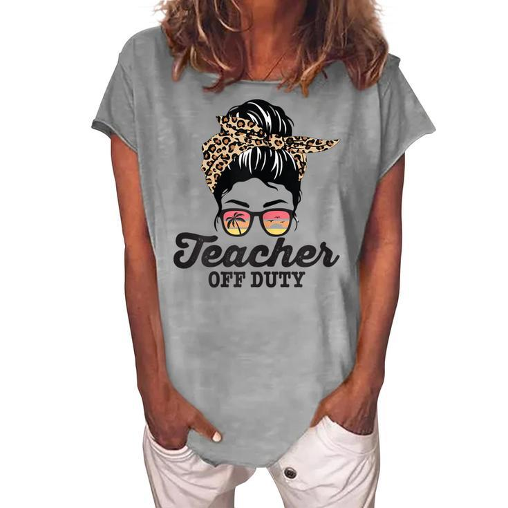 Teacher Off Duty Leopard Messy Bun Glasses Women's Loosen T-Shirt