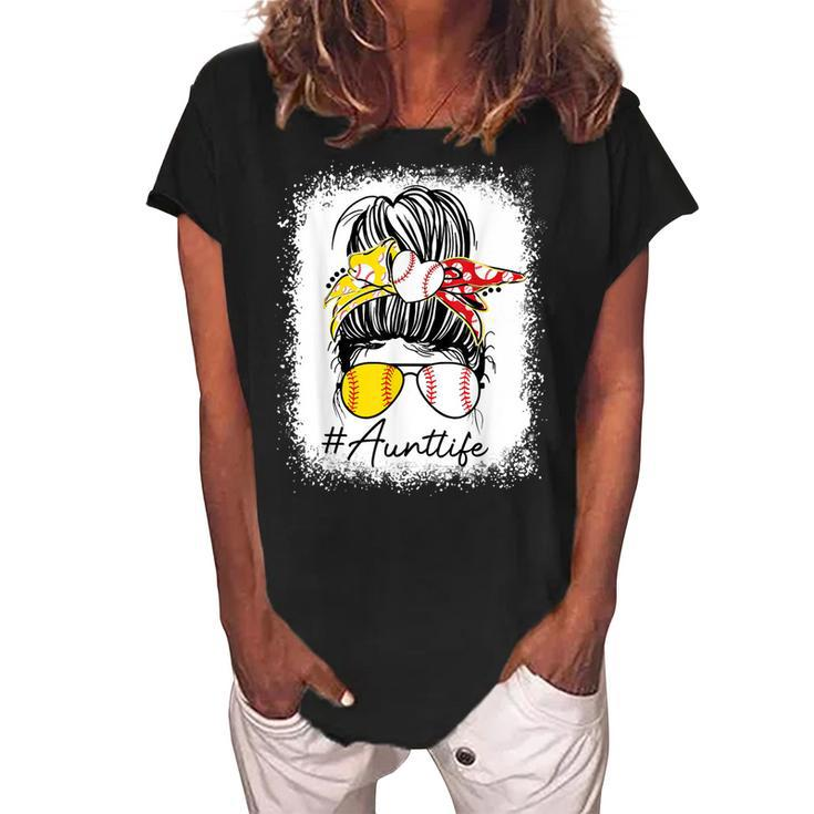Aunt Life Softball Baseball Mothers Day Messy Bun Gift For Womens Women's Loosen Crew Neck Short Sleeve T-Shirt
