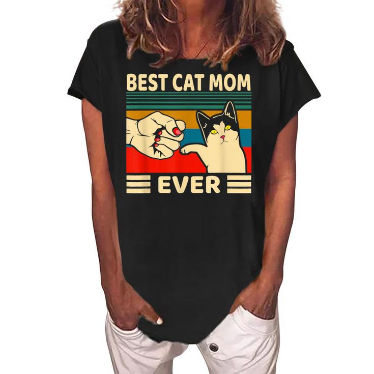 Best Cat Mom Ever Fist Bump Girls Vintage Funny Cat Mama Women's Loosen Crew Neck Short Sleeve T-Shirt