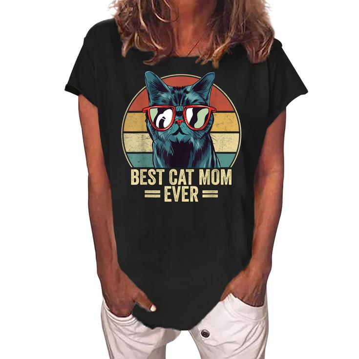 Best Cat Mom Ever Retro Vintage Cat Mothers Day 2023 Women's Loosen Crew Neck Short Sleeve T-Shirt