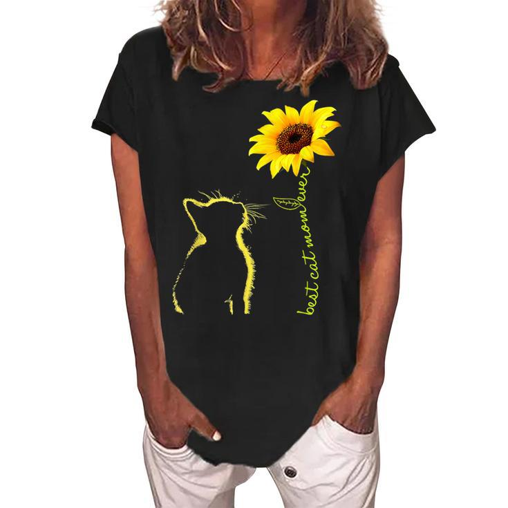 Best Cat Mom Ever Sunflower Floral Branch Cat Lover Mom Women's Loosen Crew Neck Short Sleeve T-Shirt