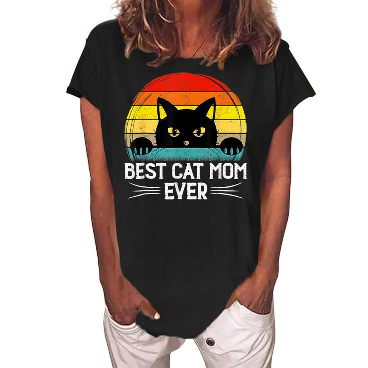 Best Cat Mom Ever Vintage Retro Funny Mothers Day Cat Women Women's Loosen Crew Neck Short Sleeve T-Shirt