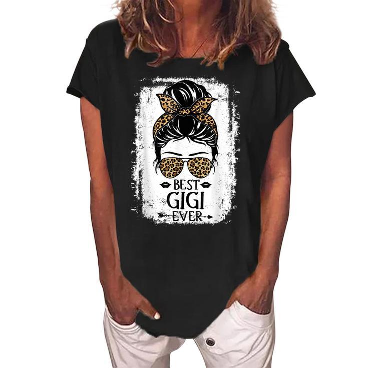Best Gigi Ever Women Messy Bun Leopard Decor Grandma Women's Loosen Crew Neck Short Sleeve T-Shirt