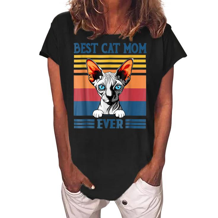 Best Sphynx Mom Ever Funny Hairless Cat Lover Vintage Women's Loosen Crew Neck Short Sleeve T-Shirt