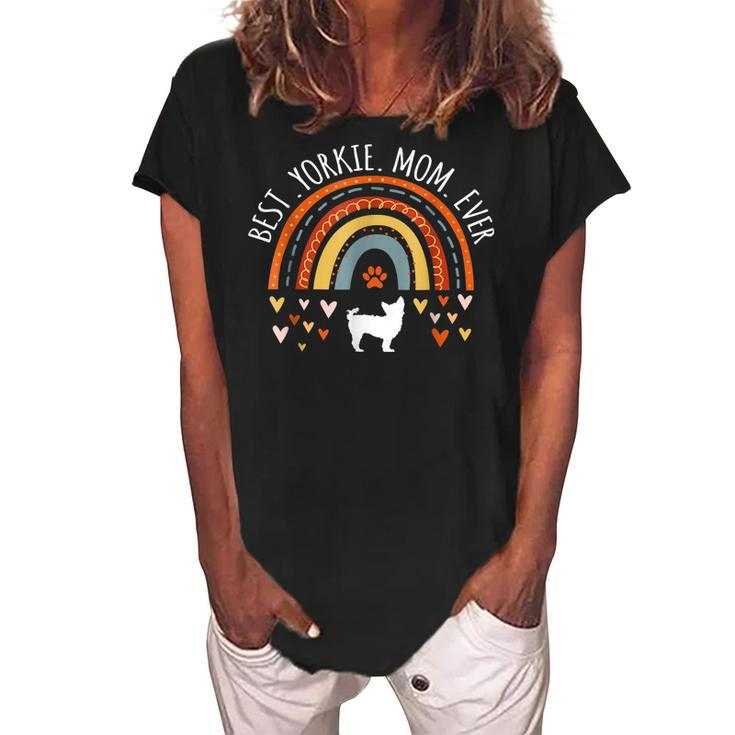 Best Yorkie Mom Ever Rainbow Gifts For Yorkie Lover Dog Mama Women's Loosen Crew Neck Short Sleeve T-Shirt