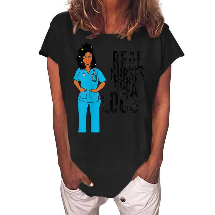 Black African American Nurse Natural Hair Locs Dreadlocks Gift For Womens Women's Loosen Crew Neck Short Sleeve T-Shirt