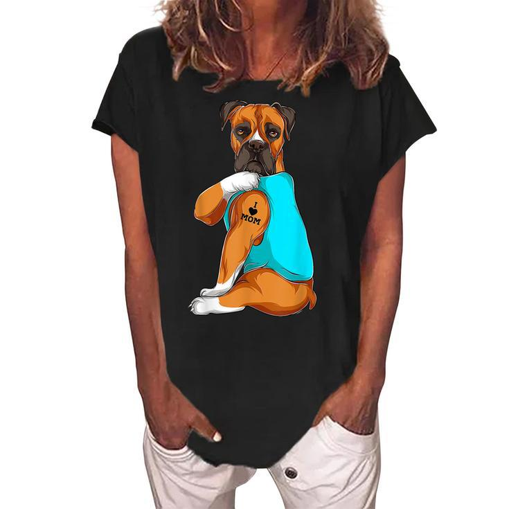 Boxer I Love Mom Tattoo Apparel Dog Mom Gifts Womens Women's Loosen Crew Neck Short Sleeve T-Shirt