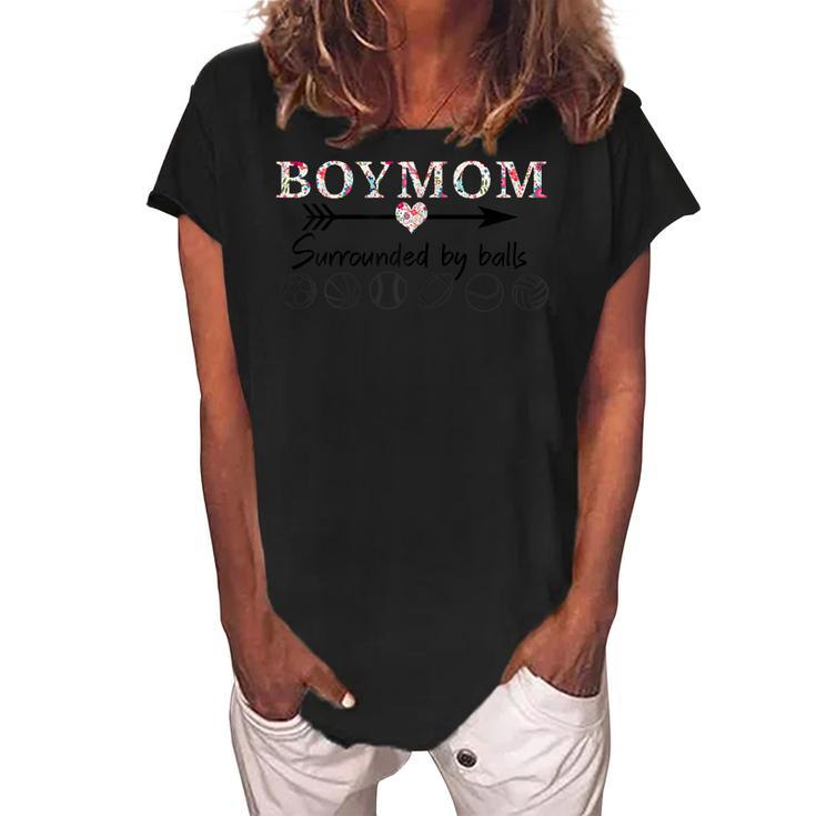 Boy Mom Surrounded By Balls Gift For Women Mothers Day Women's Loosen Crew Neck Short Sleeve T-Shirt