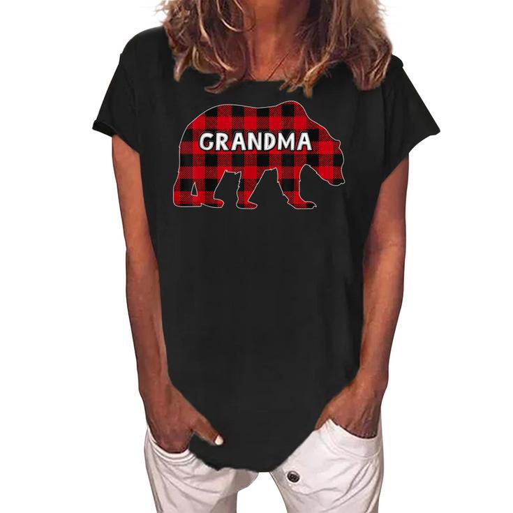 Buffalo Plaid Bear Christmas Pajama Matching Family Grandma Women's Loosen Crew Neck Short Sleeve T-Shirt