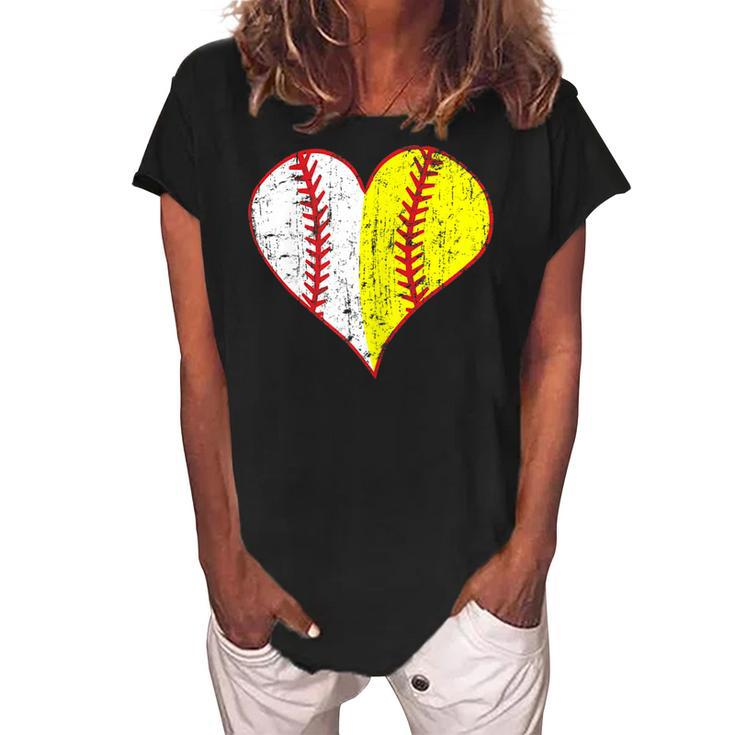 Cute Love Baseball Fast Pitch Softball Heart Baseball Mom Gift For Womens Women's Loosen Crew Neck Short Sleeve T-Shirt