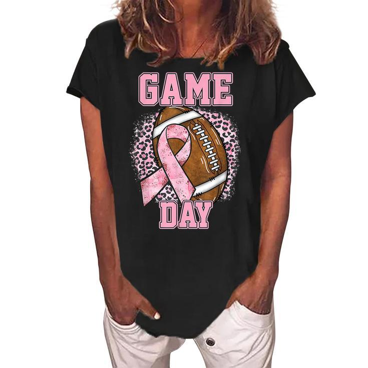 Game Day Breast Cancer Awareness Pink Football Mom Grandma Women's Loosen Crew Neck Short Sleeve T-Shirt