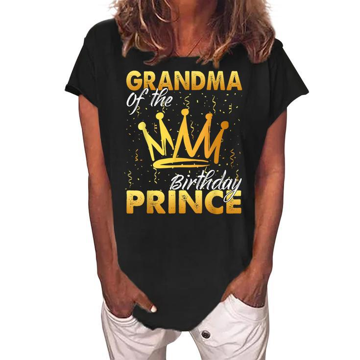 Grandma Of The Birthday Prince Boys Son Birthday Theme Party Women's Loosen Crew Neck Short Sleeve T-Shirt