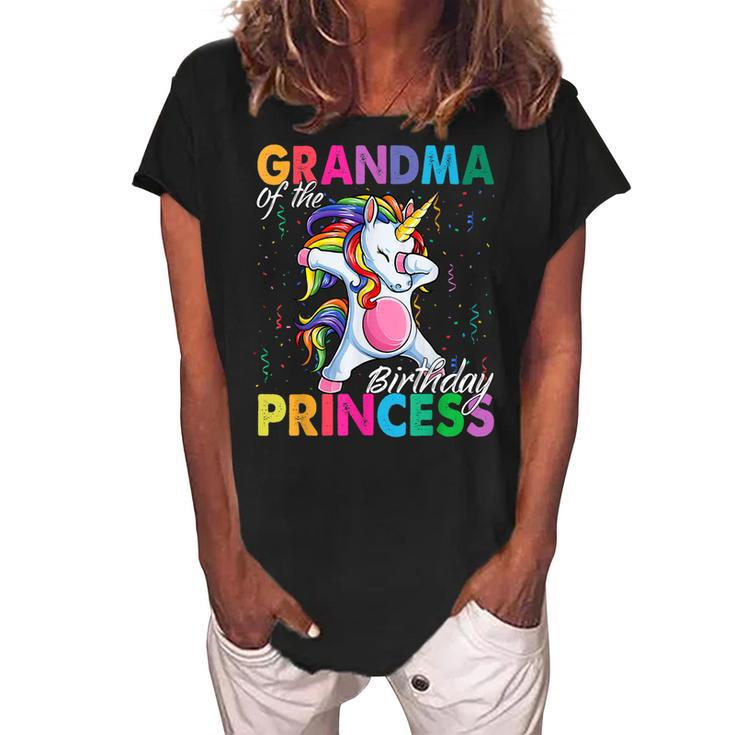 Grandma Of The Birthday Princess Girl Dabbing Unicorn Theme Women's Loosen Crew Neck Short Sleeve T-Shirt