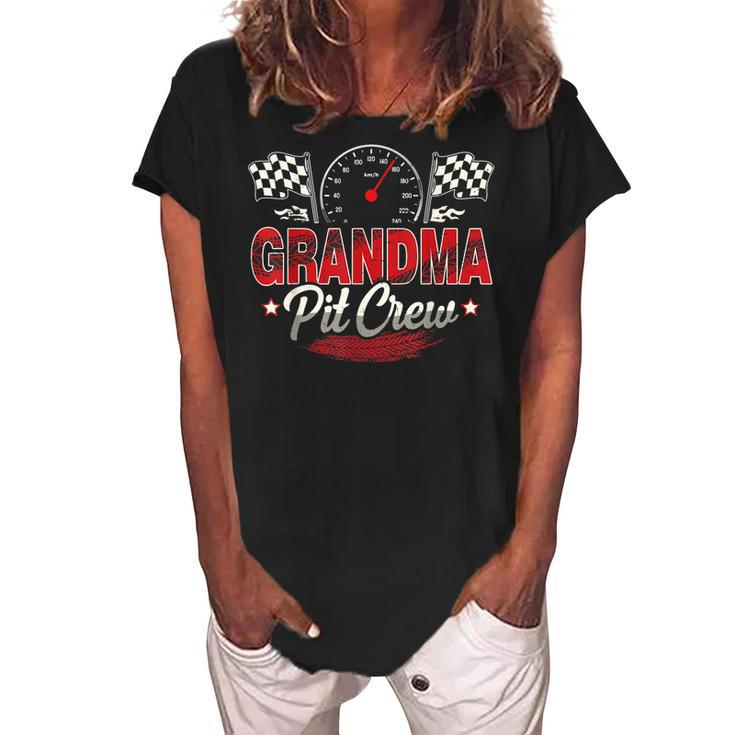 Grandma Pit Crew Funny Race Car Birthday Party Racing Family Women's Loosen Crew Neck Short Sleeve T-Shirt