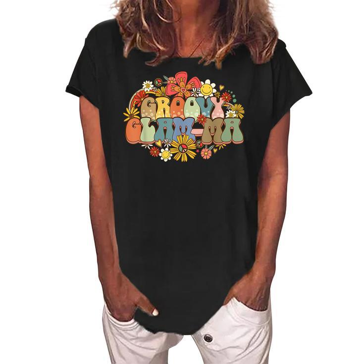 Groovy Glamma Vintage Women Colorful Flowers Design Grandma Women's Loosen Crew Neck Short Sleeve T-Shirt