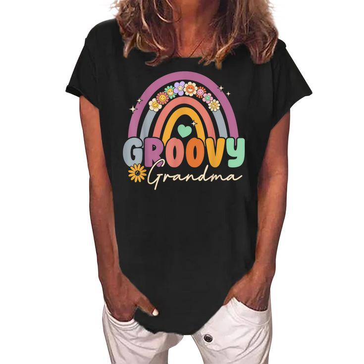 Groovy Grandma Rainbow Colorful Flowers Design Grandmother Women's Loosen Crew Neck Short Sleeve T-Shirt
