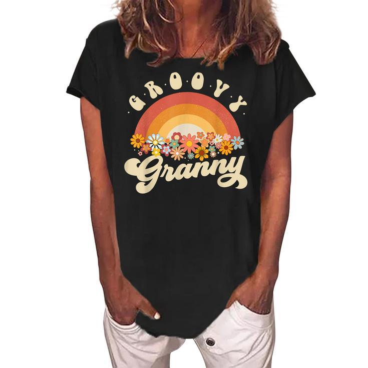 Groovy Granny Retro Rainbow Colorful Flowers Design Grandma Women's Loosen Crew Neck Short Sleeve T-Shirt