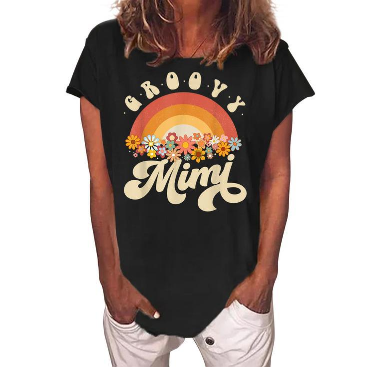 Groovy Mimi Retro Rainbow Colorful Flowers Design Grandma Women's Loosen Crew Neck Short Sleeve T-Shirt