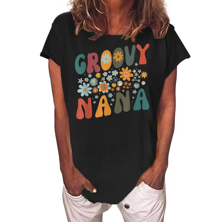 Groovy Nana Retro Colorful Flowers Design Grandma Women's Loosen Crew Neck Short Sleeve T-Shirt