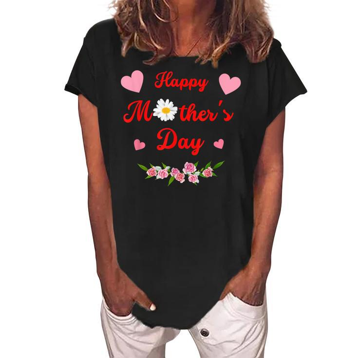 Happy Mothers Day Cute Mom Mommy Mama Grandma Flowers Women's Loosen Crew Neck Short Sleeve T-Shirt
