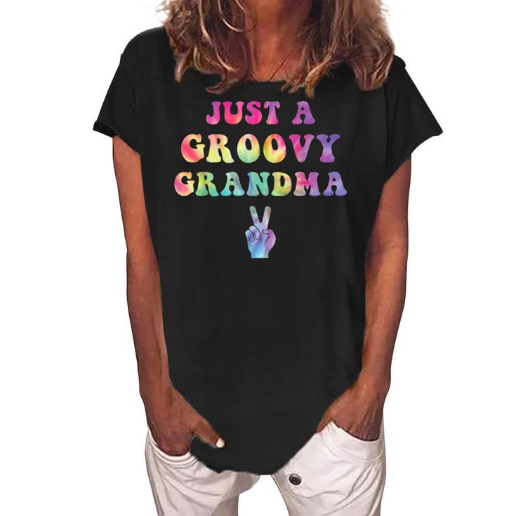 Just A Groovy Grandma Tie Dye Hippie Mom Boho Peace Sign Women's Loosen Crew Neck Short Sleeve T-Shirt