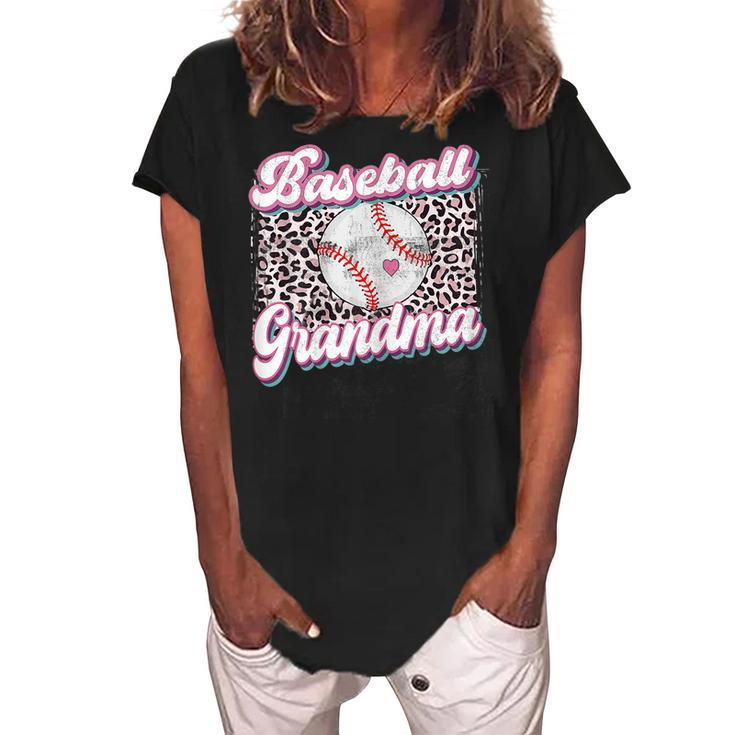 Leopard Baseball Grandma Game Day Softball Mothers Day Gift For Womens Women's Loosen Crew Neck Short Sleeve T-Shirt