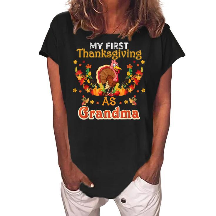 My First Thanksgiving As A Grandma Turkey Family Reunion Women's Loosen Crew Neck Short Sleeve T-Shirt