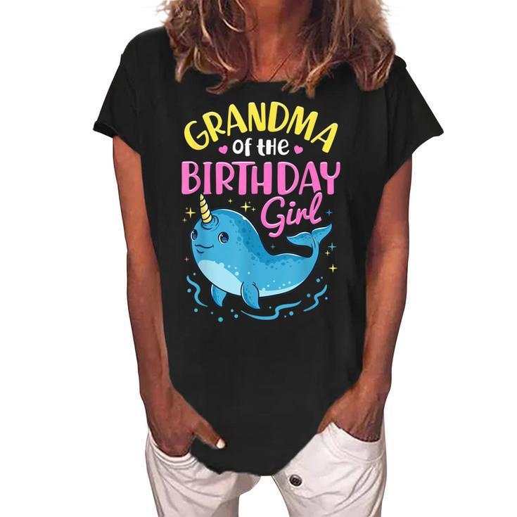 Narwhal Birthday Girl Party Family Matching Costume Grandma Women's Loosen Crew Neck Short Sleeve T-Shirt