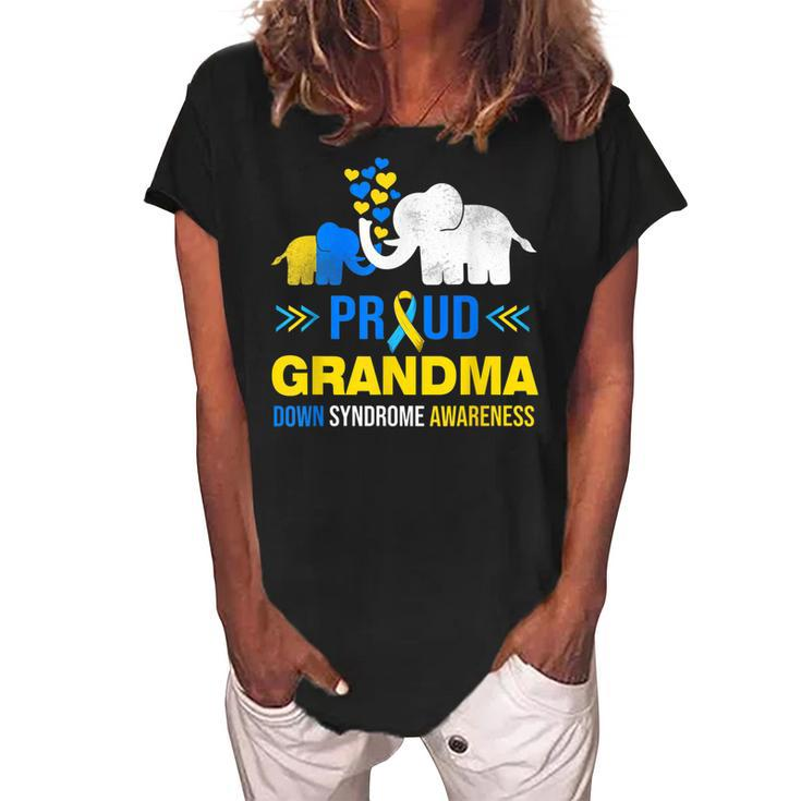 Proud Grandma Down Syndrome Awareness Blue Yellow Ribbon Women's Loosen Crew Neck Short Sleeve T-Shirt