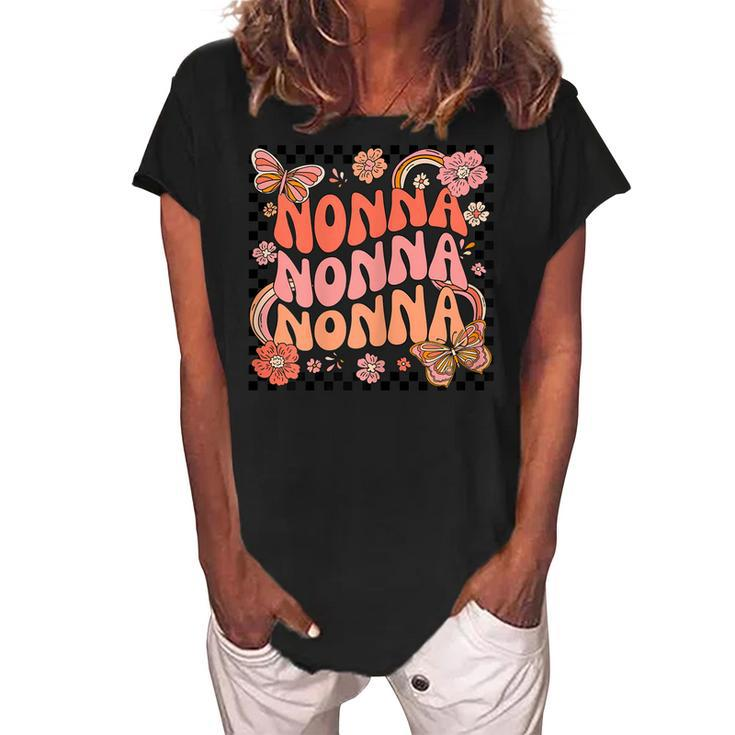 Retro Groovy Nonna Best Nonna Ever Hello Fall Thanksgiving Gift For Womens Women's Loosen Crew Neck Short Sleeve T-Shirt