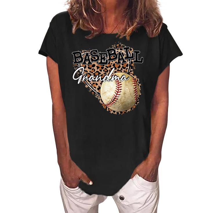 Softball Baseball Grandma Leopard Mothers Day Women's Loosen Crew Neck Short Sleeve T-Shirt